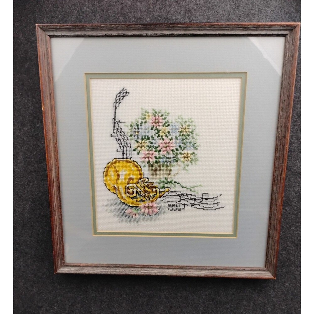 Vintage Cross Stich Wall Art Music Notes French Horn Tuba Floral Finished Framed